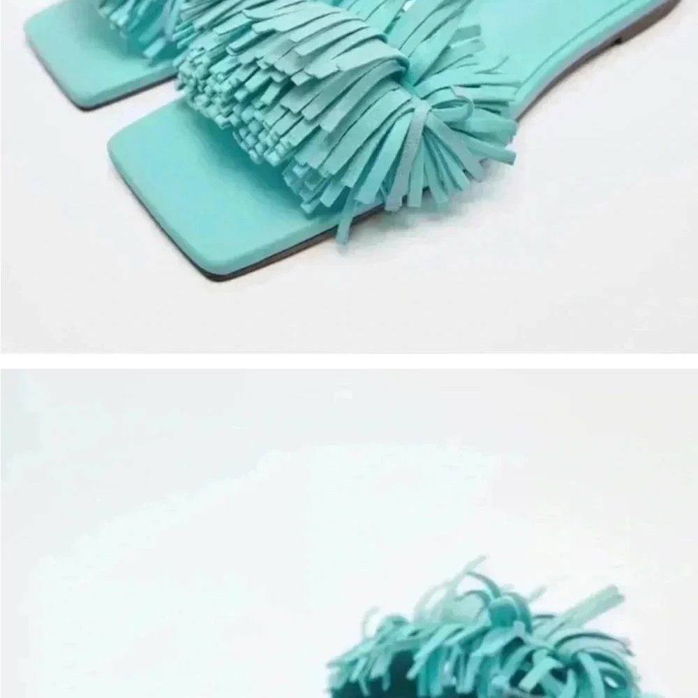 Fringe Detail Turquoise Women's Slide Sandals
